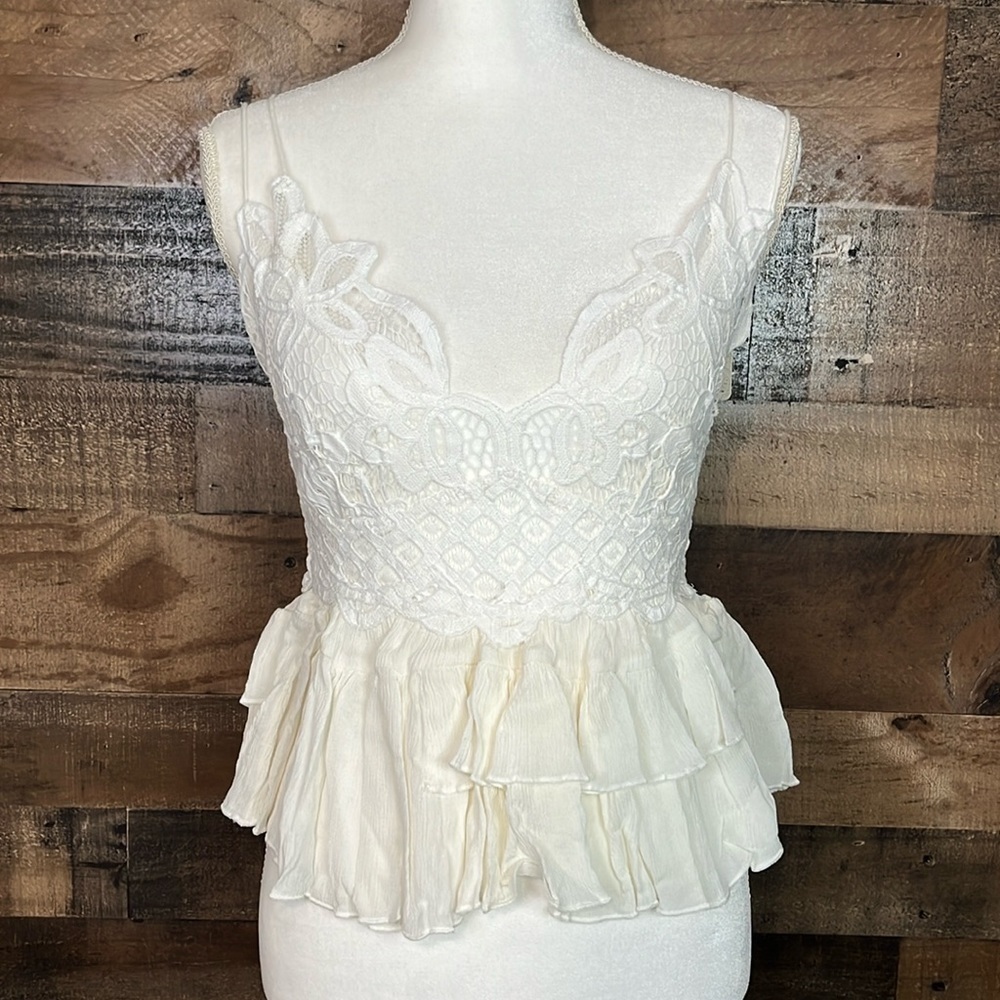 Free People Adella Lace Smock Back Ruffle Cotton Blend Back Detail Cami. Size M